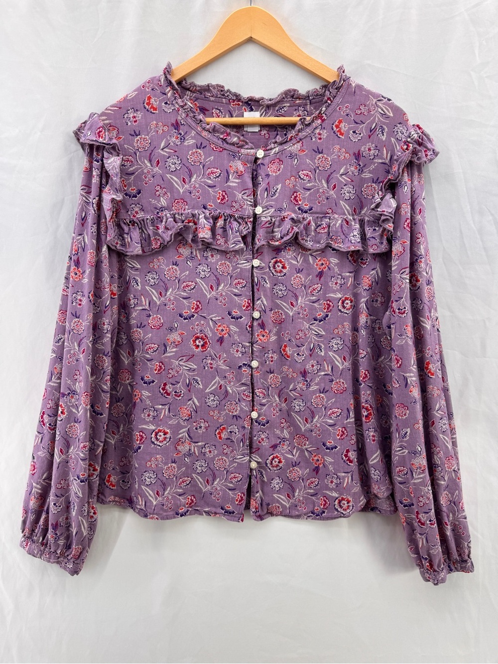 GAP Purple Floral Ruffle Button Front Blouse Long Sleeve Modern Boho Size XXL